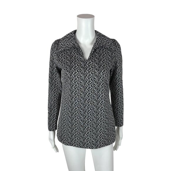 Vintage Tops - Vintage 70s Patterned Top Women's Small Black White Polyester Collared Shirt